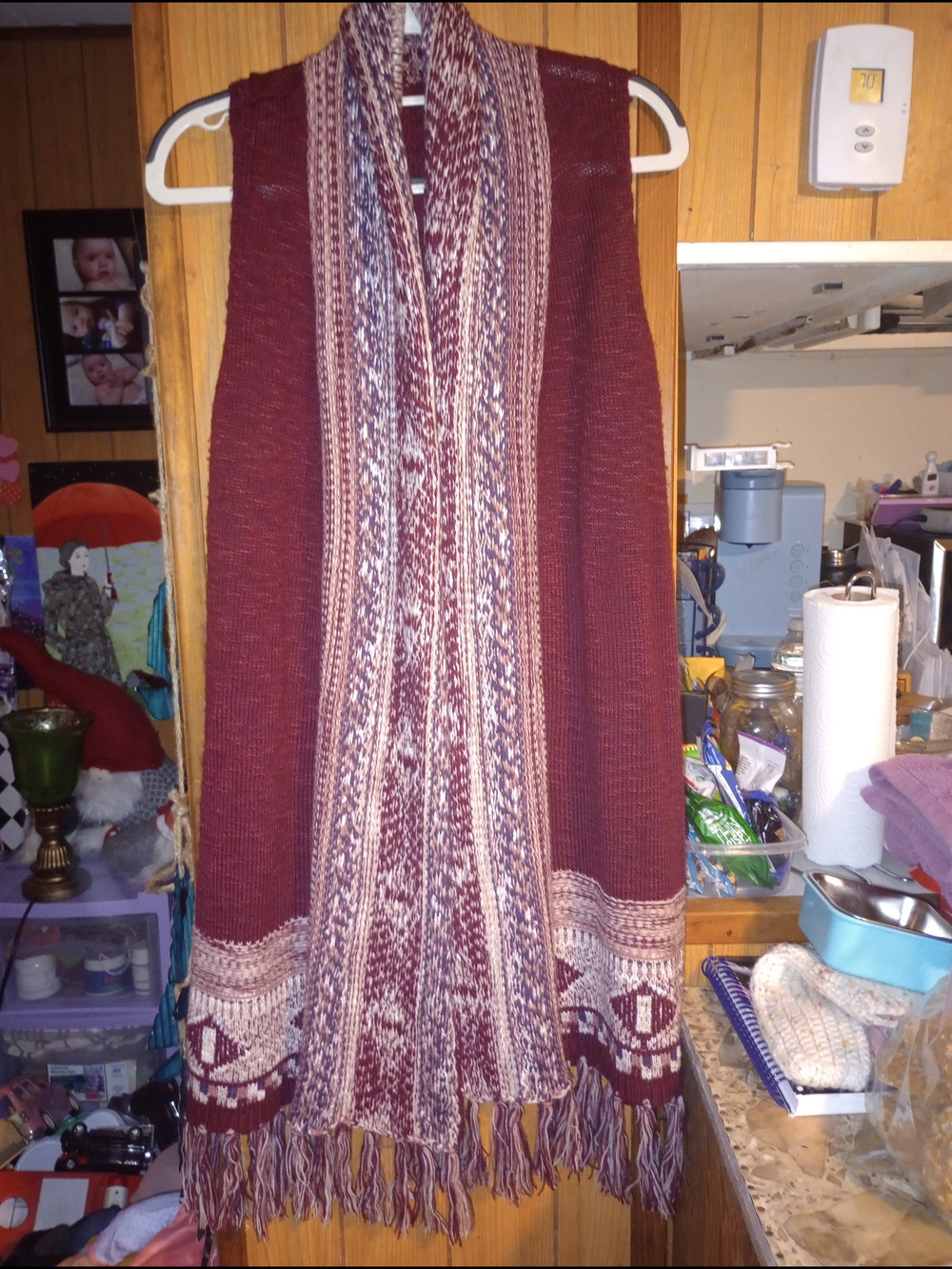 Women’s Burgundy Knit Open-Front Sweater Vest with Patterned Trim